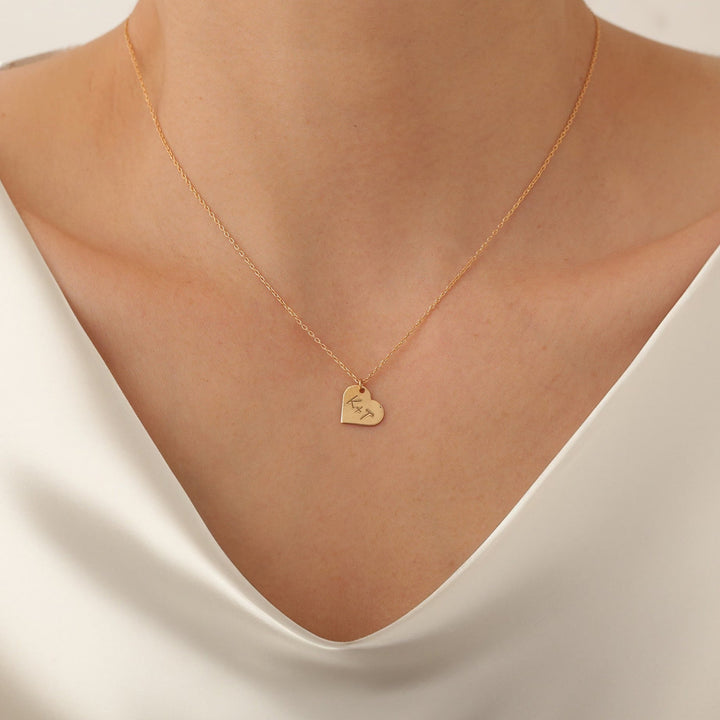 Letter Engraved Heart Necklace in 14K Solid Gold - Doozy Diamonds