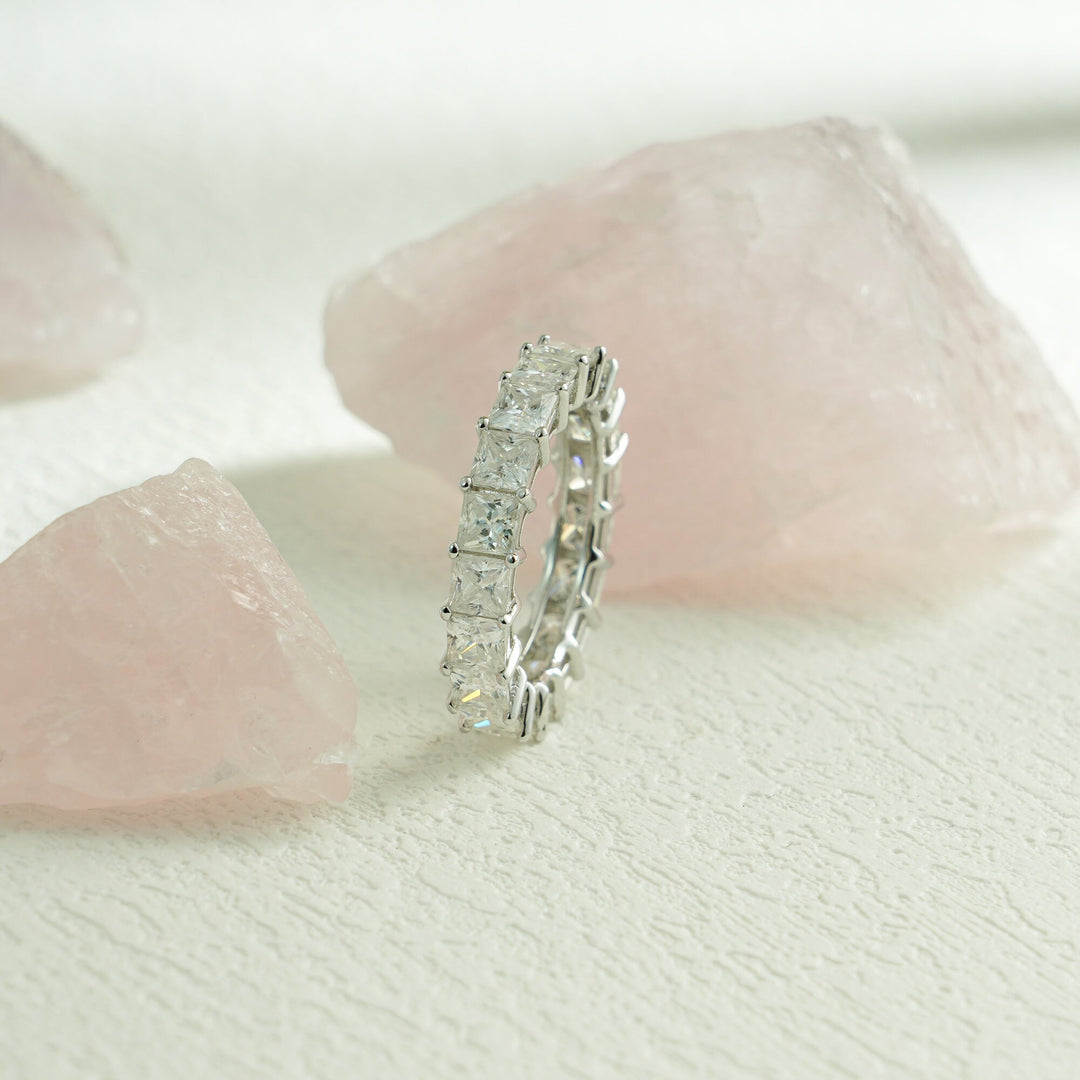 Princess lab grown diamond band worn on hand