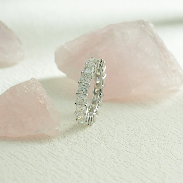 Princess lab grown diamond band worn on hand