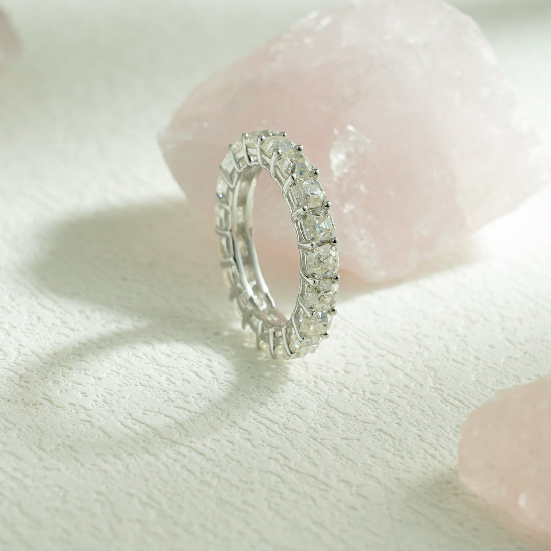 Cushion lab grown diamond band worn on hand