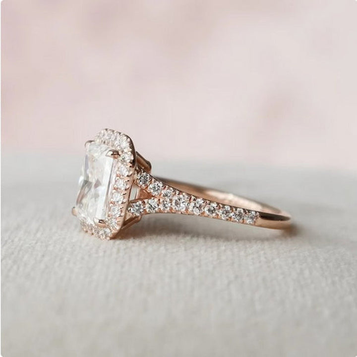 Radiant pave engagement ring offered in gold and platinum