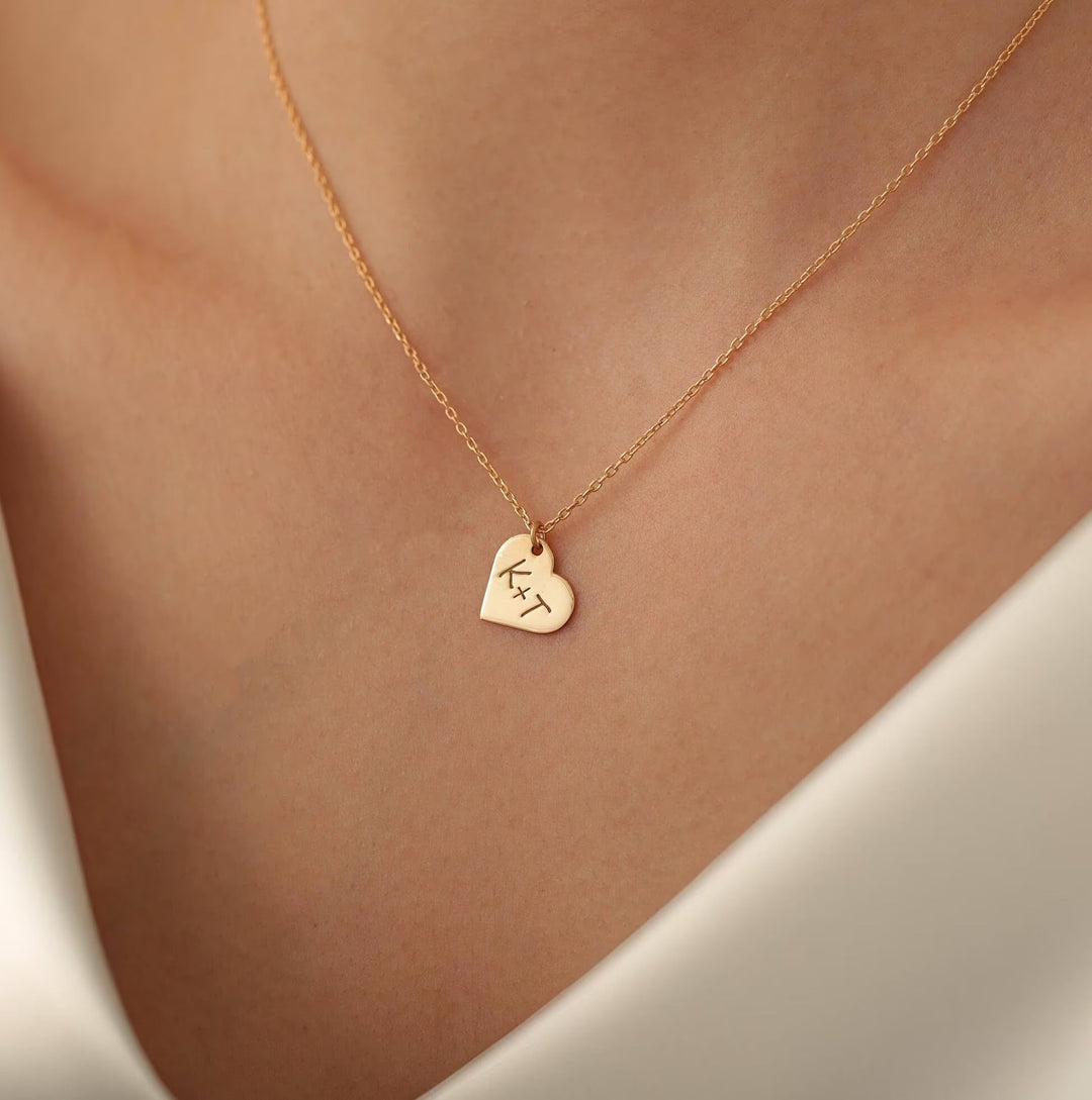 Letter Engraved Heart Necklace in 14K Solid Gold - Doozy Diamonds
