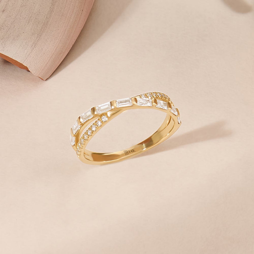 Round & Baguette Cut Diamond Double Cross Wedding Band for Women - Doozy Diamonds