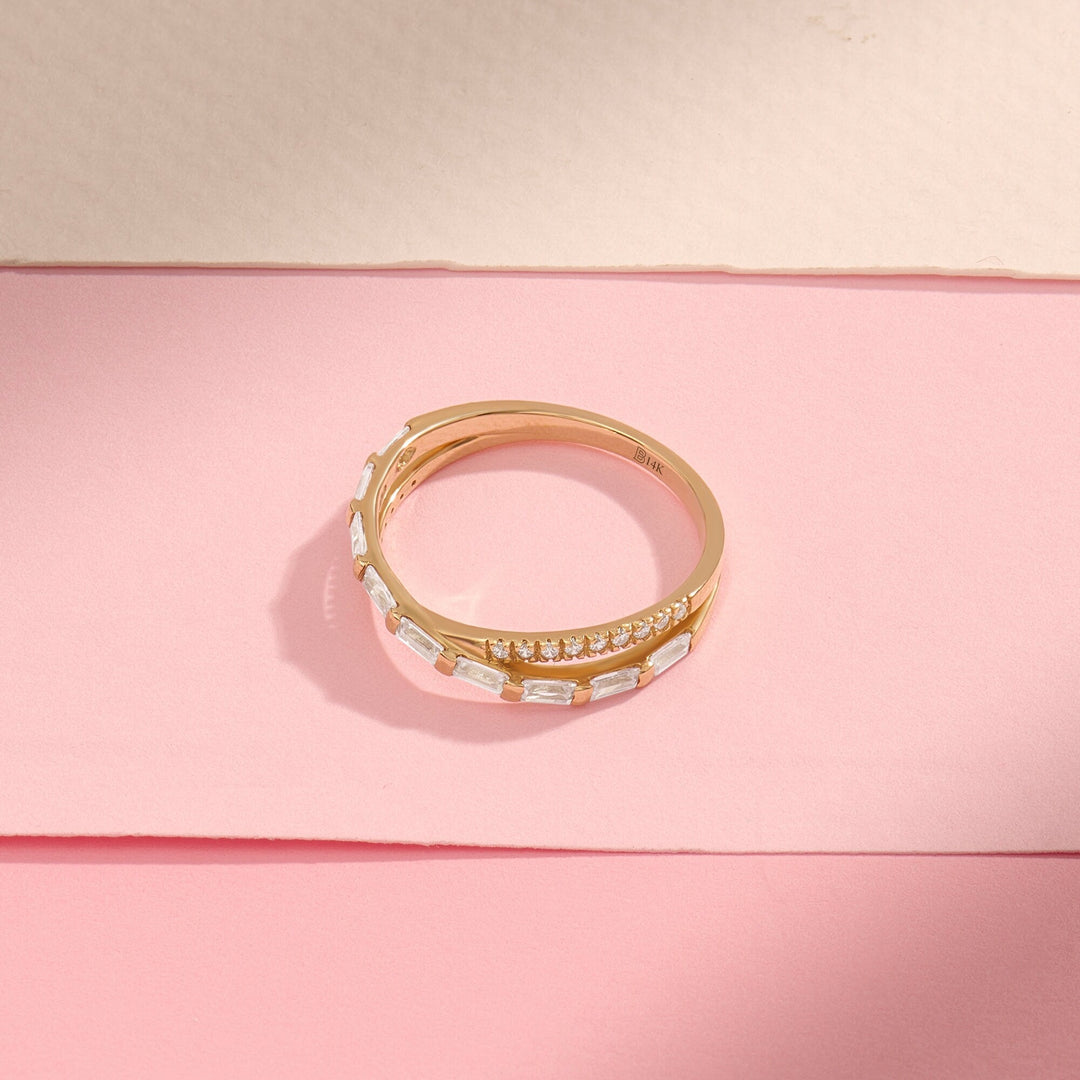 Round & Baguette Cut Diamond Double Cross Wedding Band for Women - Doozy Diamonds