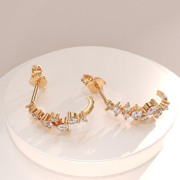 0.72CT Round Cluster lab grown diamonds Half Hoops Earrings In Yellow Gold - Doozy Diamonds
