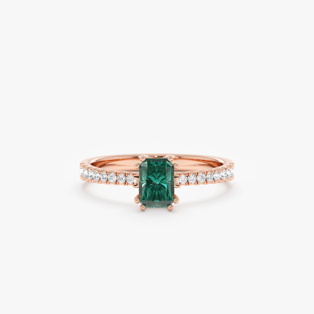 Green Emerald Cut Diamond Pave Engagement Ring for Women - Doozy Diamonds