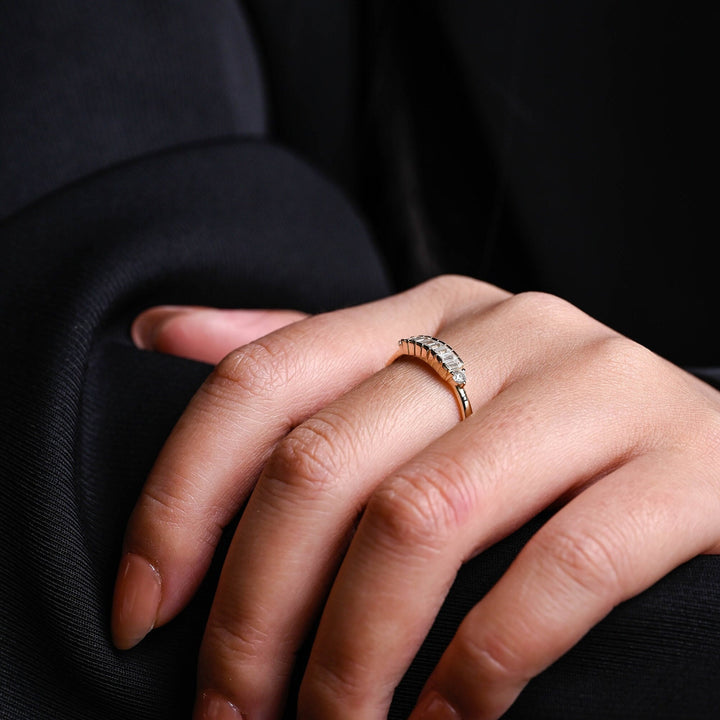 Baguette & Round diamond band stacked with engagement ring