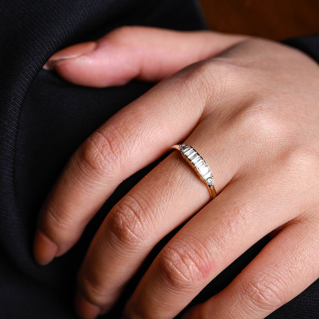 Close-up of 0.85CT baguette & round lab grown diamonds