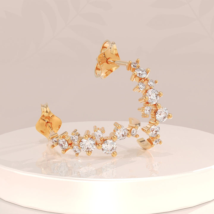 0.72CT Round Cluster lab grown diamonds Half Hoops Earrings In Yellow Gold - Doozy Diamonds