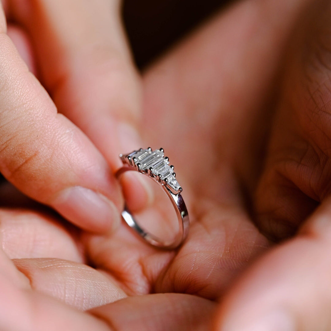 Side view of baguette diamond wedding band