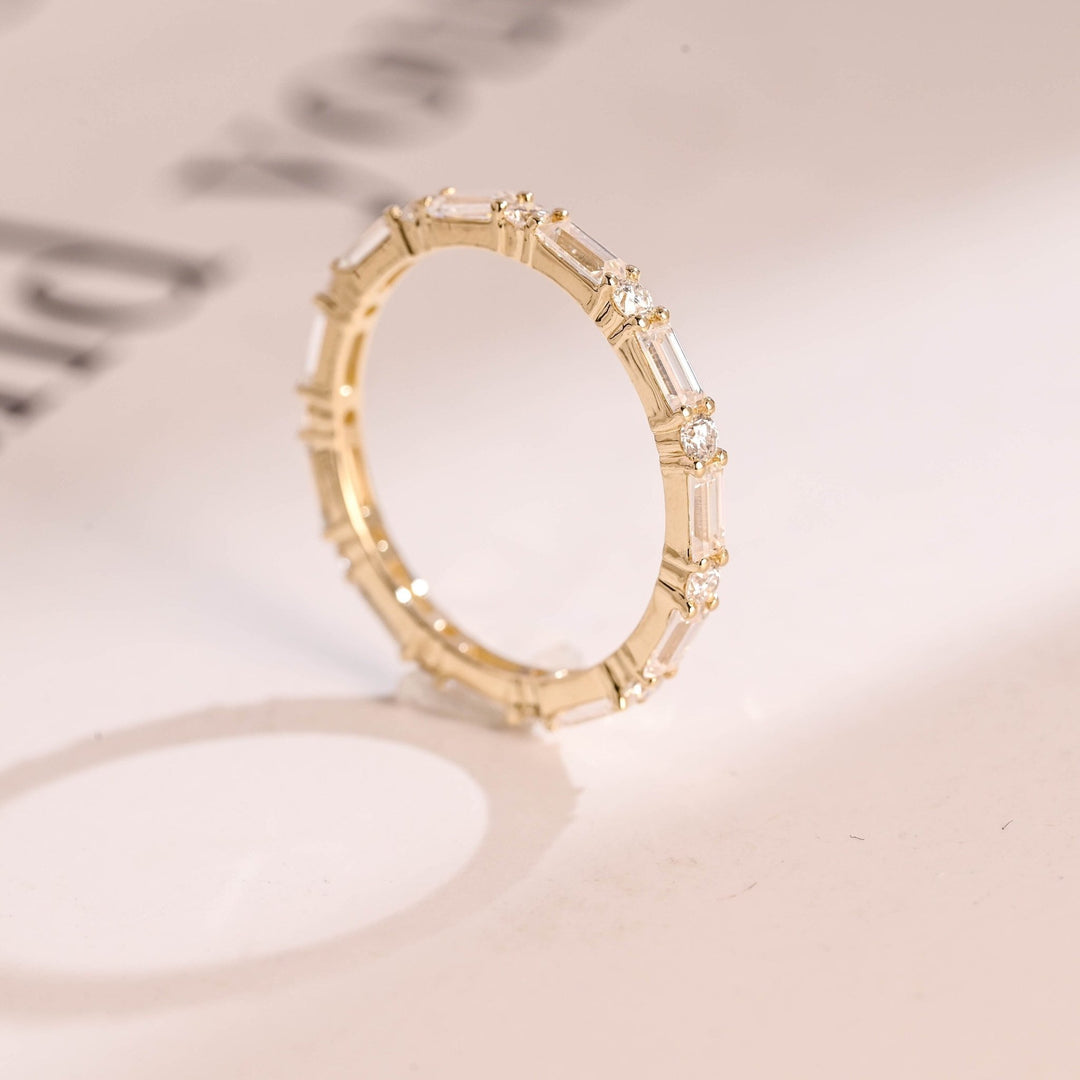 Round & Baguette diamond band stacked with engagement ring