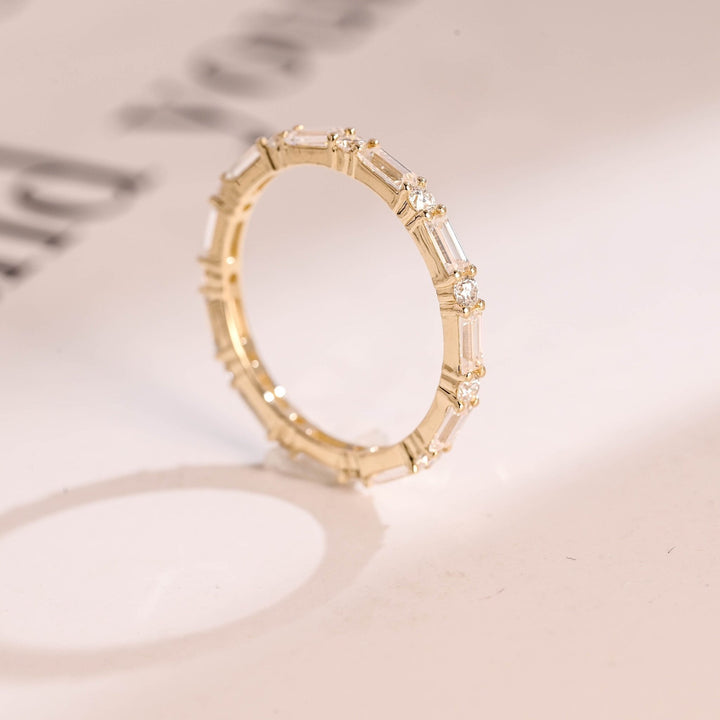 Round & Baguette diamond band stacked with engagement ring