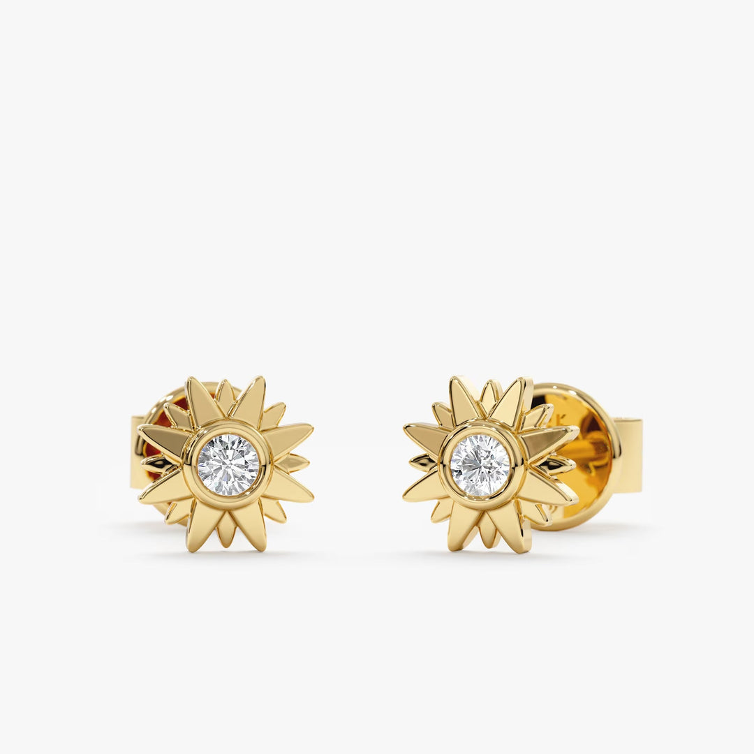 Round Cut Diamond Sunshine Starburst Studs Earrings for Birthday Gift - Doozy Diamonds