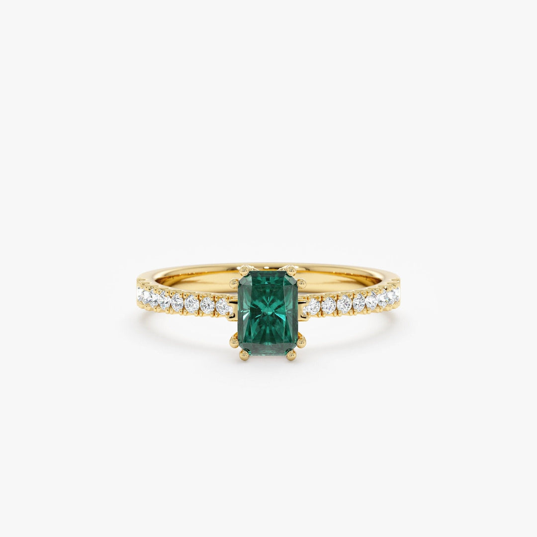 Green Emerald Cut Diamond Pave Engagement Ring for Women - Doozy Diamonds
