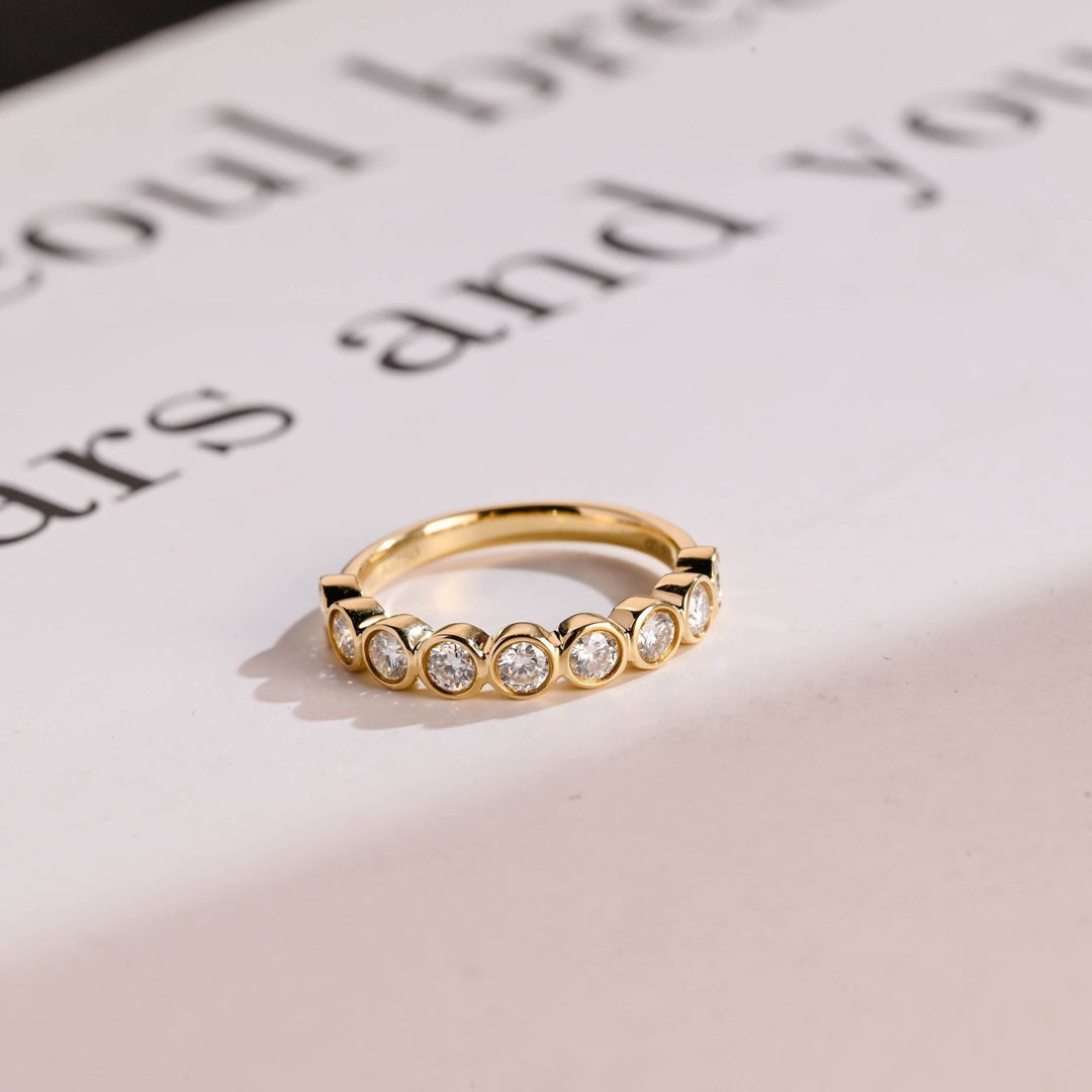 Round diamond eternity band macro shot