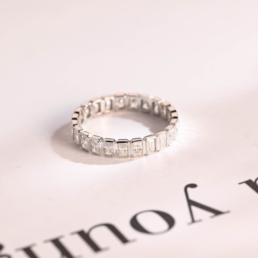 Radiant diamond wedding band in white gold