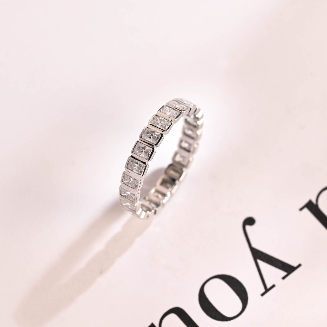 Radiant diamond wedding band in rose gold