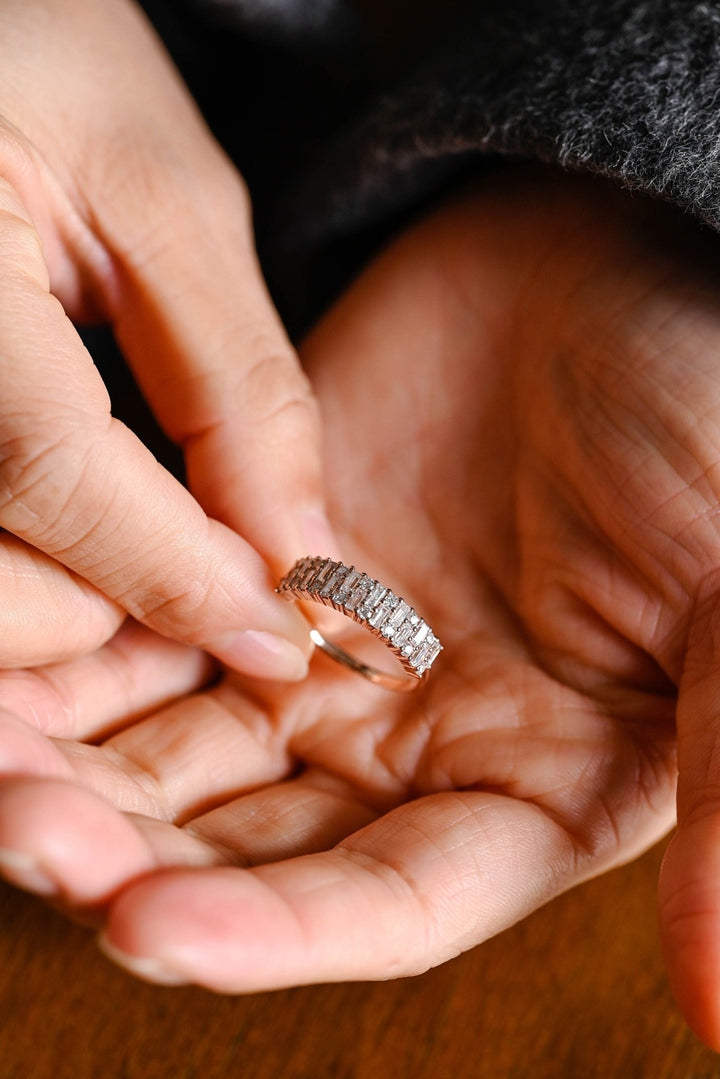 Round & Baguette diamond band stacked with engagement ring