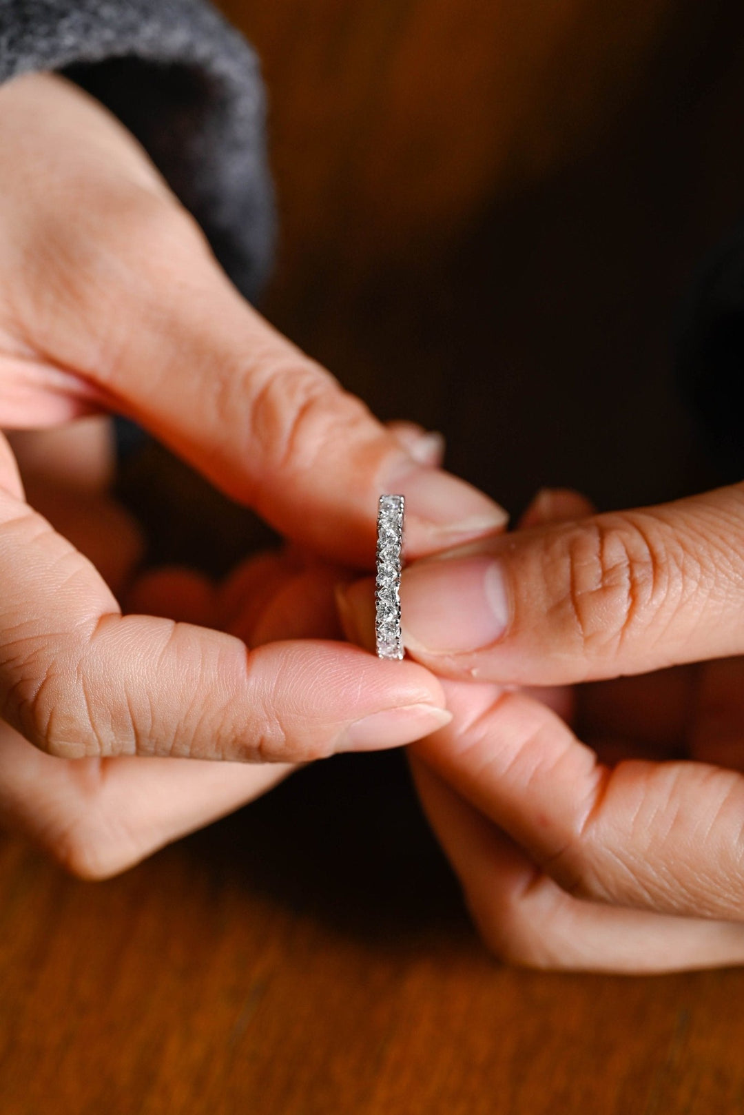 Heart diamond band stacked with engagement ring