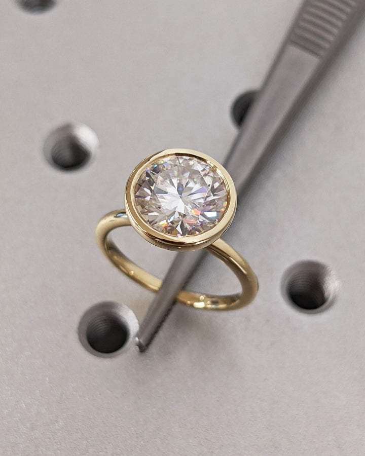 Lifestyle shot of round bezel diamond ring on hand