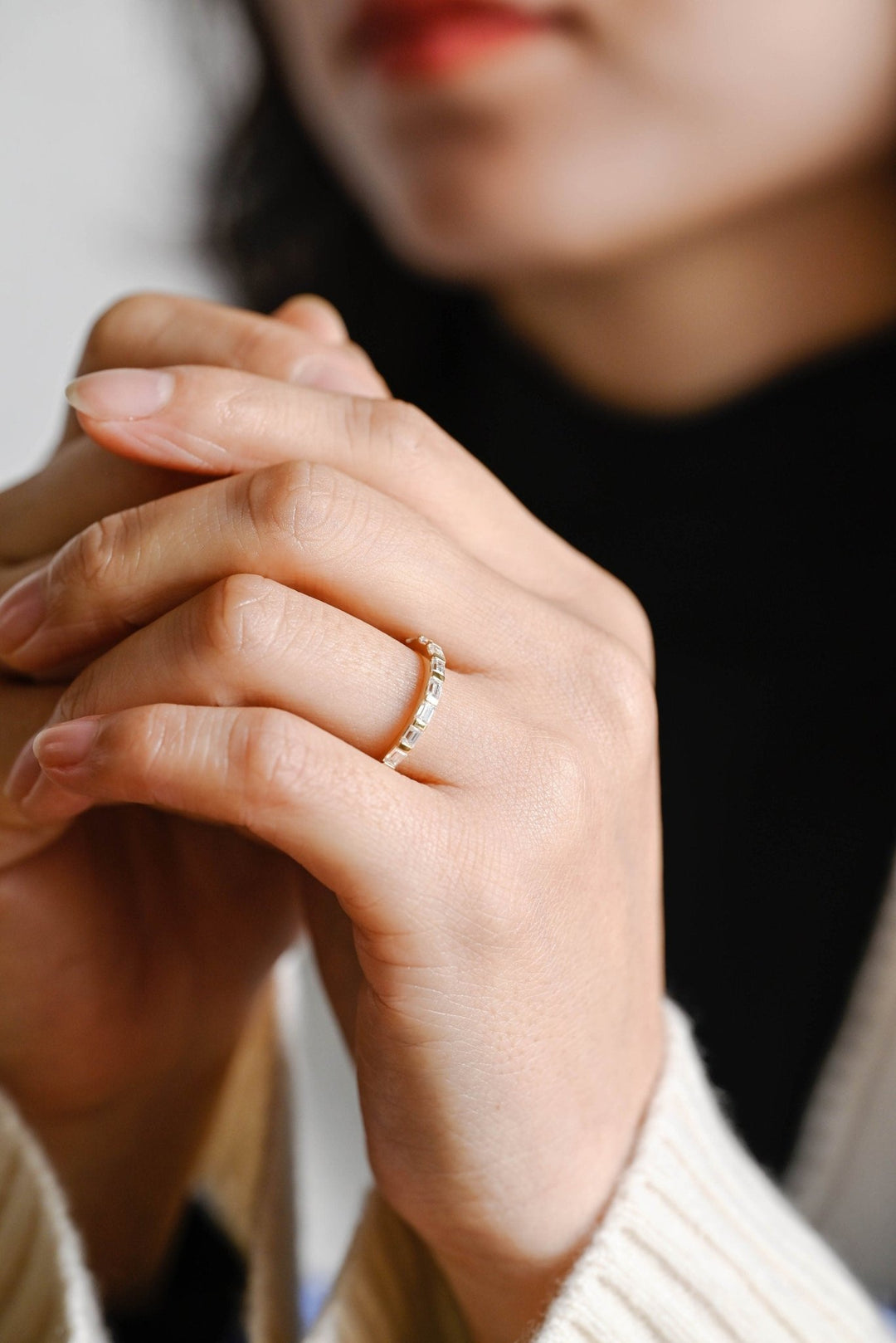 Baguette diamond band stacked with engagement ring