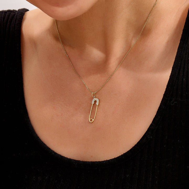 Round Cut Diamond Safety Pin Pendant Necklace for Her - Doozy Diamonds