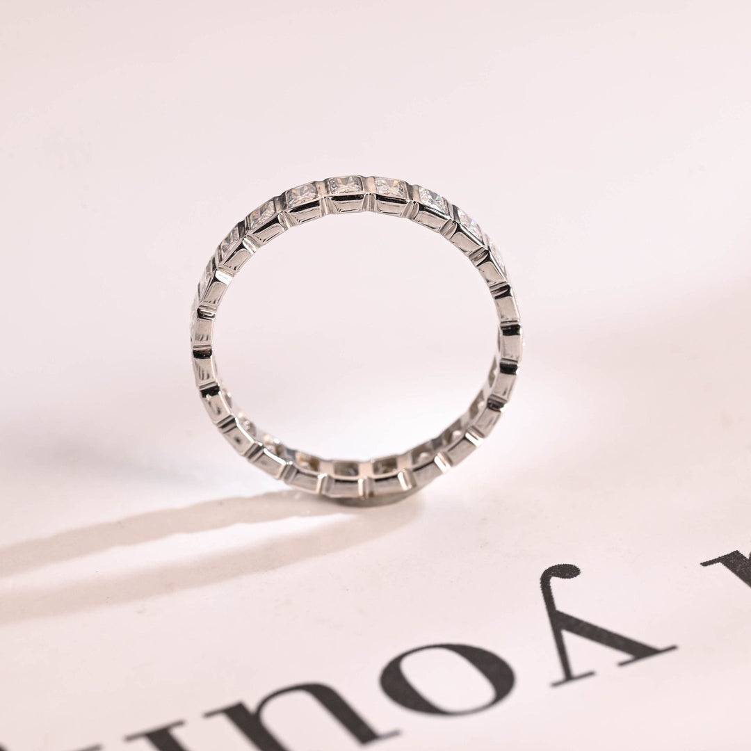 Radiant lab grown diamond band worn on hand