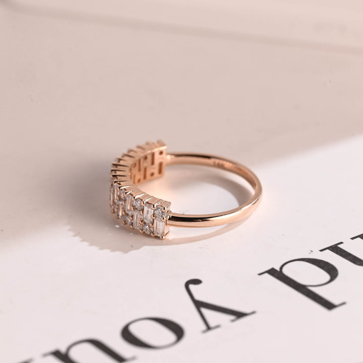 Round & Baguette lab grown diamond band worn on hand