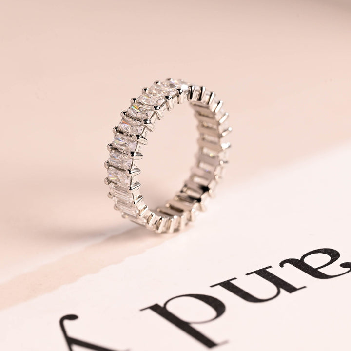 Emerald & Radiant lab grown diamond band worn on hand