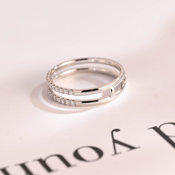 Round diamond band stacked with engagement ring