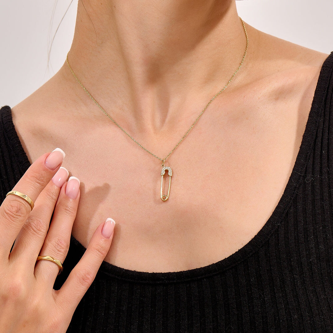 Round Cut Diamond Safety Pin Pendant Necklace for Her - Doozy Diamonds