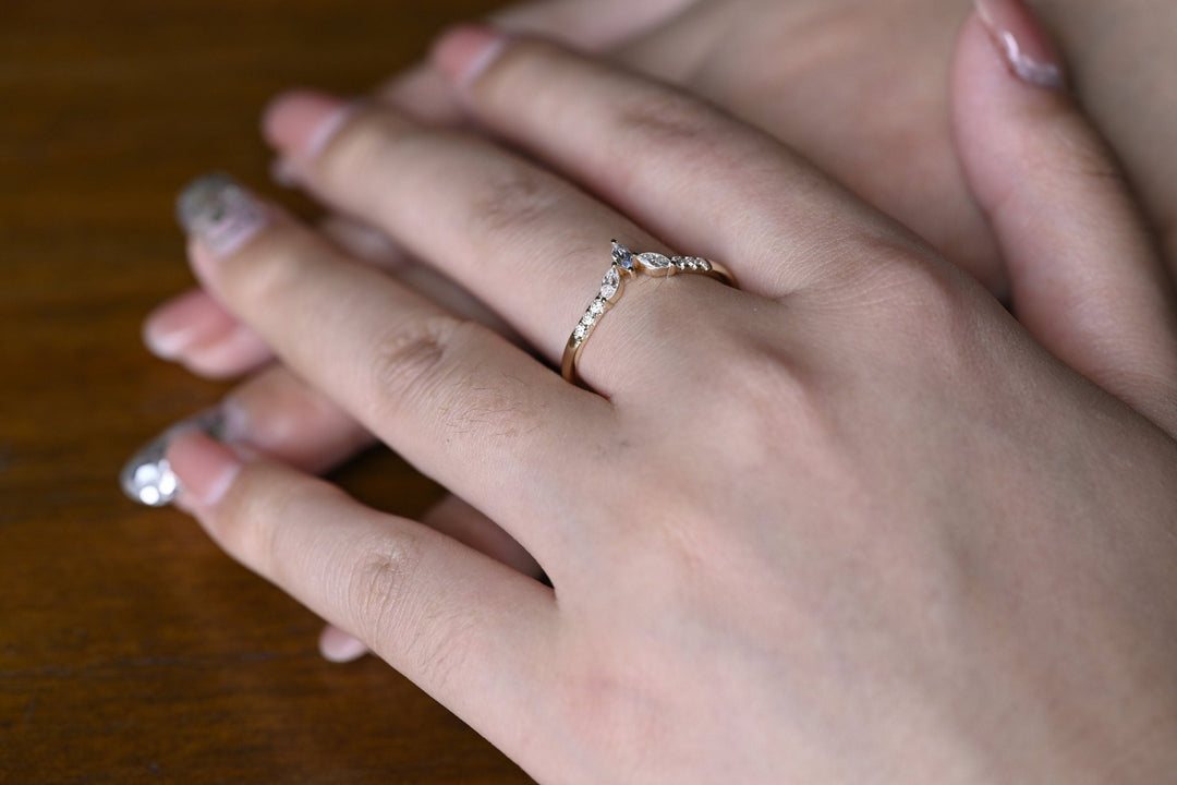 Marquise & Round diamond band stacked with engagement ring