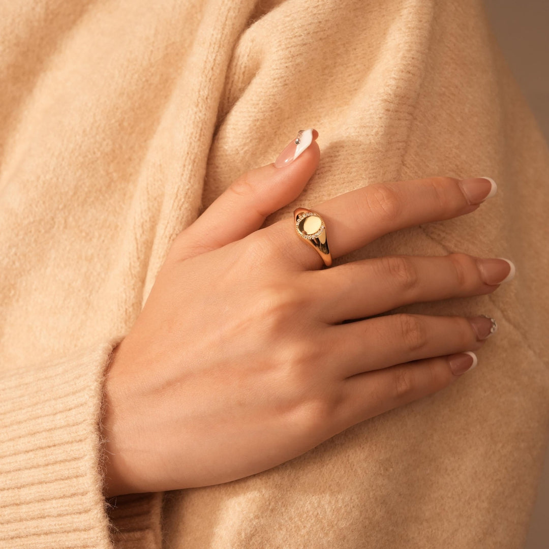 14K Gold Plating Oval Signet Ring Christmas Gift for Women - Doozy Diamonds