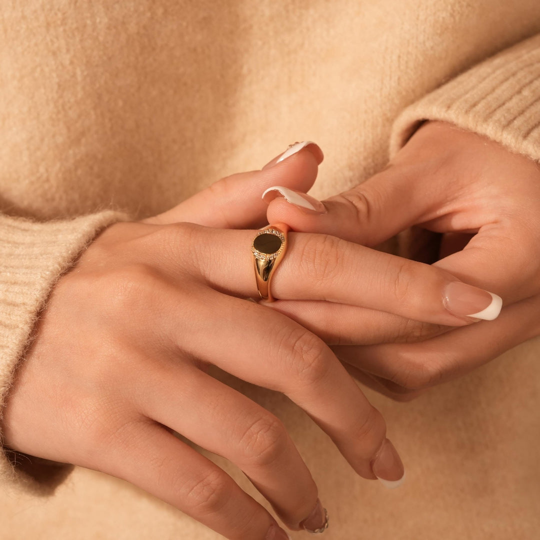 14K Gold Plating Oval Signet Ring Christmas Gift for Women - Doozy Diamonds
