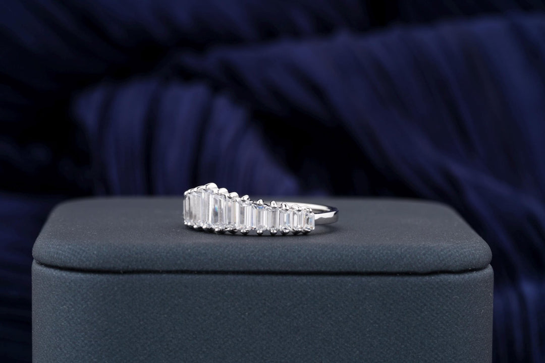 Baguette diamond band stacked with engagement ring