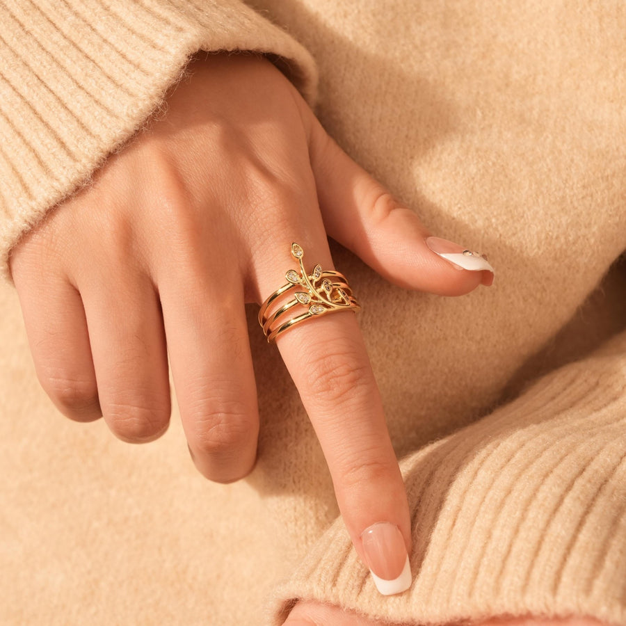 Round Cut Diamond Olive Leaf Layered Wedding Ring for Her - Doozy Diamonds