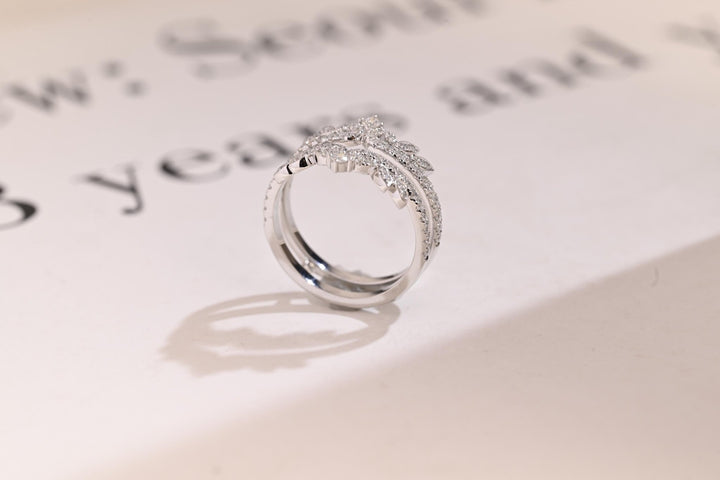 Round diamond band stacked with engagement ring