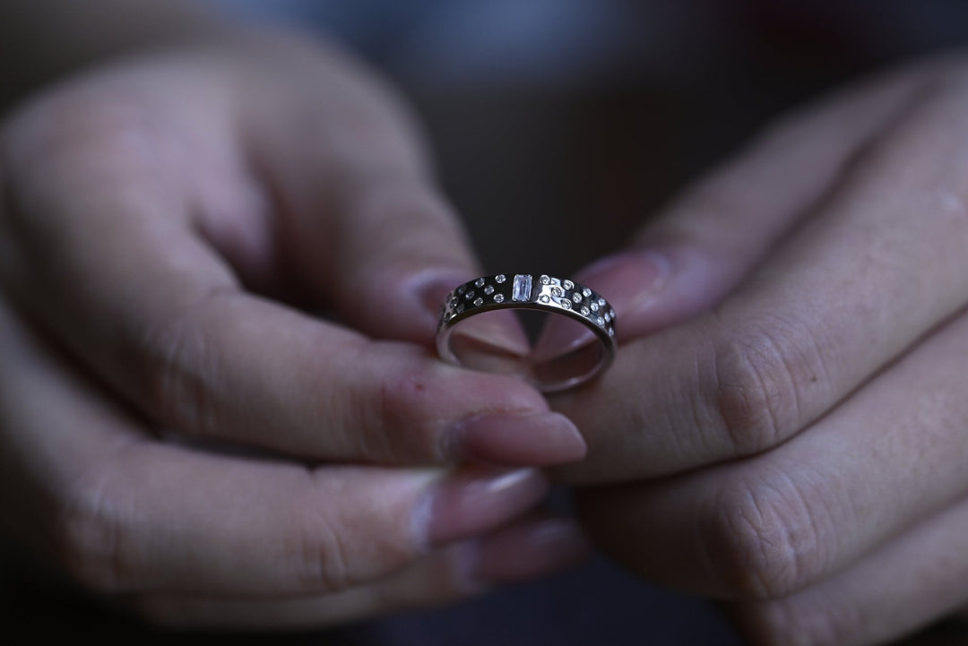 Round & Emerald lab grown diamond band worn on hand