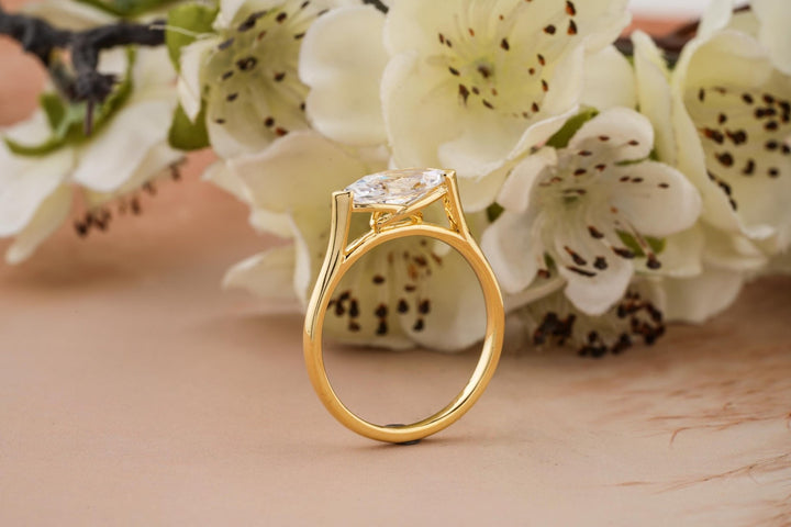 Marquise east west engagement ring close-up showing high clarity diamond clarity