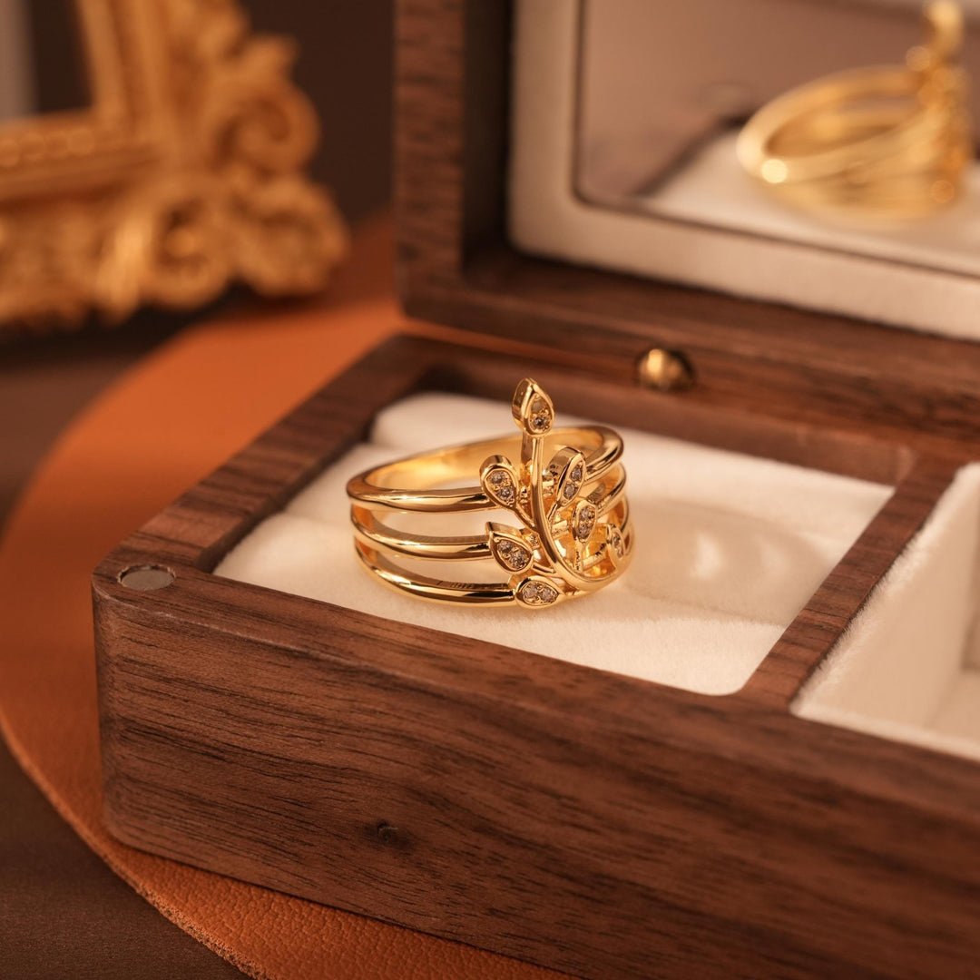 Round Cut Diamond Olive Leaf Layered Wedding Ring for Her - Doozy Diamonds
