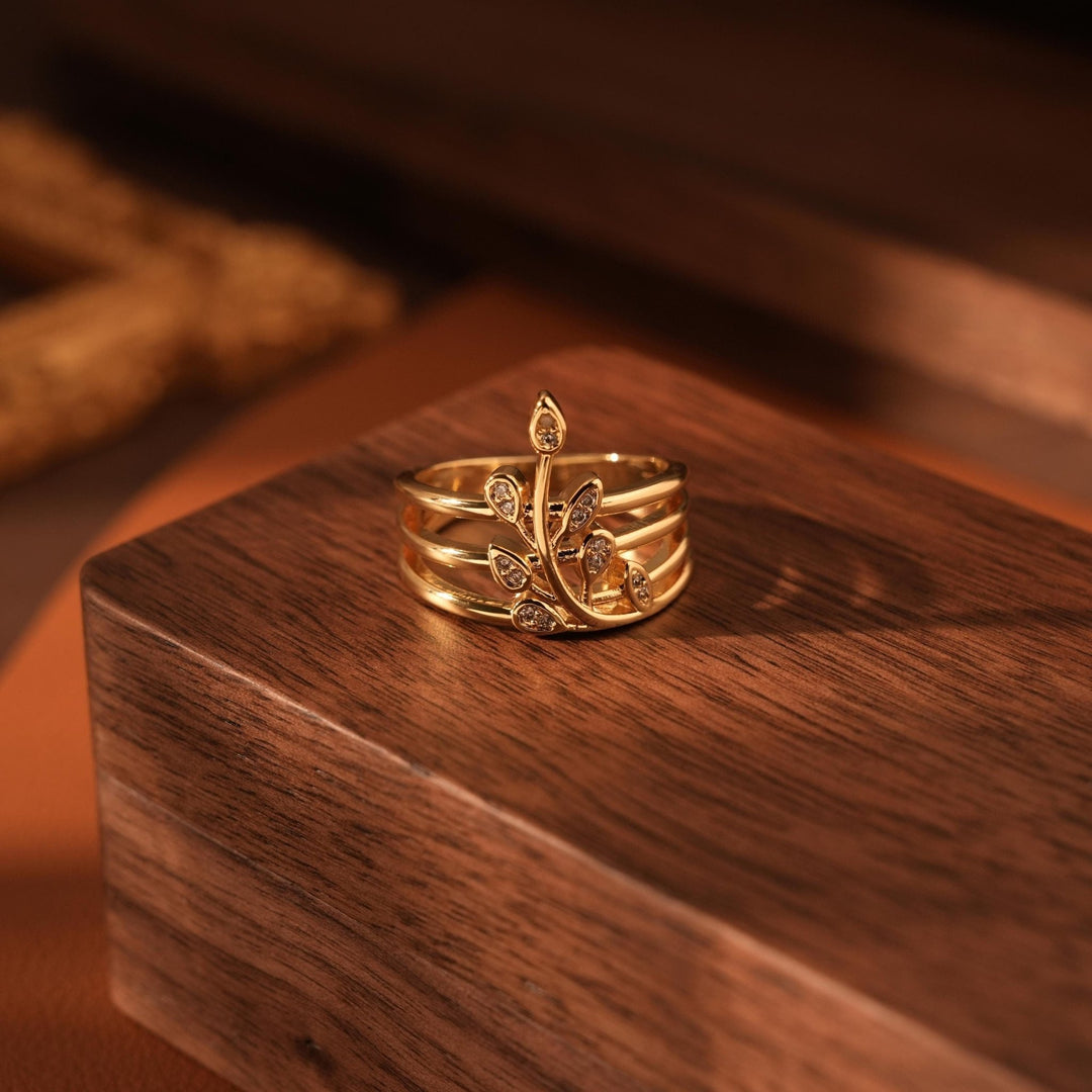 Round Cut Diamond Olive Leaf Layered Wedding Ring for Her - Doozy Diamonds