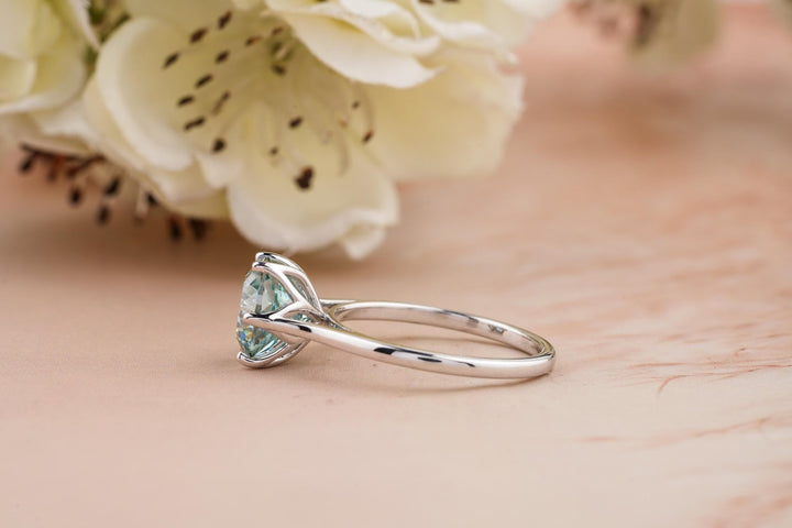 Portuguese solitaire lab grown diamond ring fitted on finger