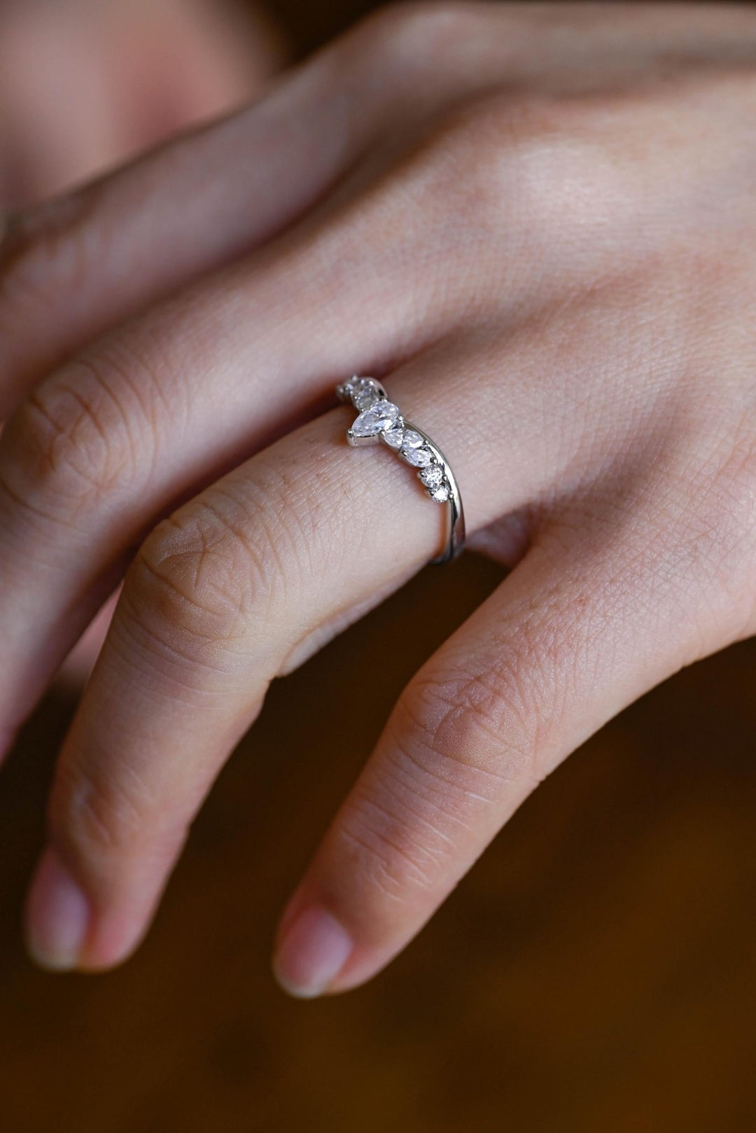 Marquise & Round diamond band stacked with engagement ring