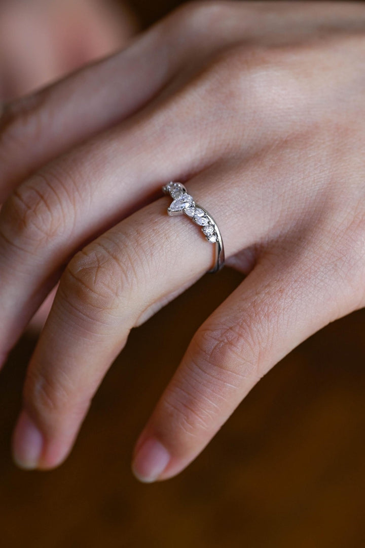 Marquise & Round diamond band stacked with engagement ring