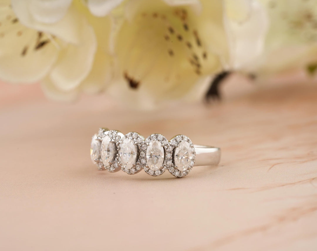 Oval & Round diamond band stacked with engagement ring