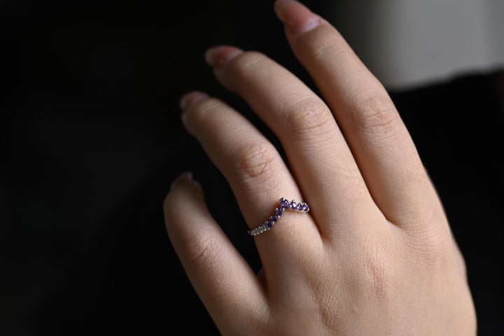 Emerald diamond band stacked with engagement ring
