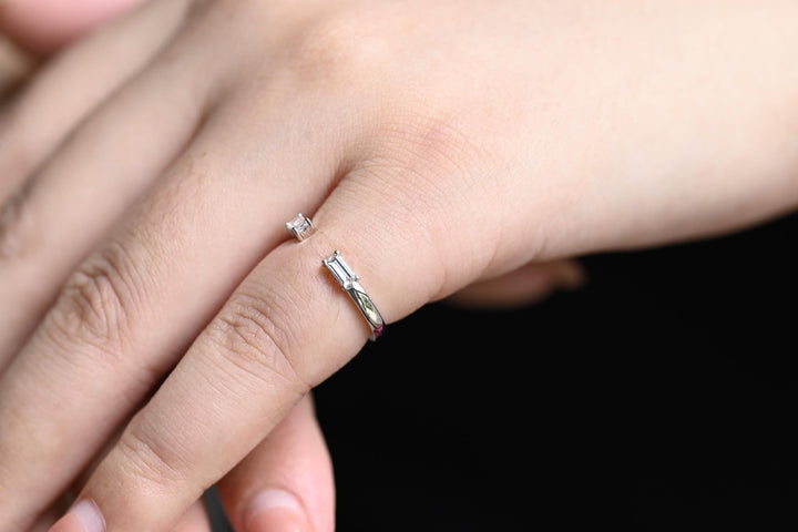 Baguette diamond band stacked with engagement ring