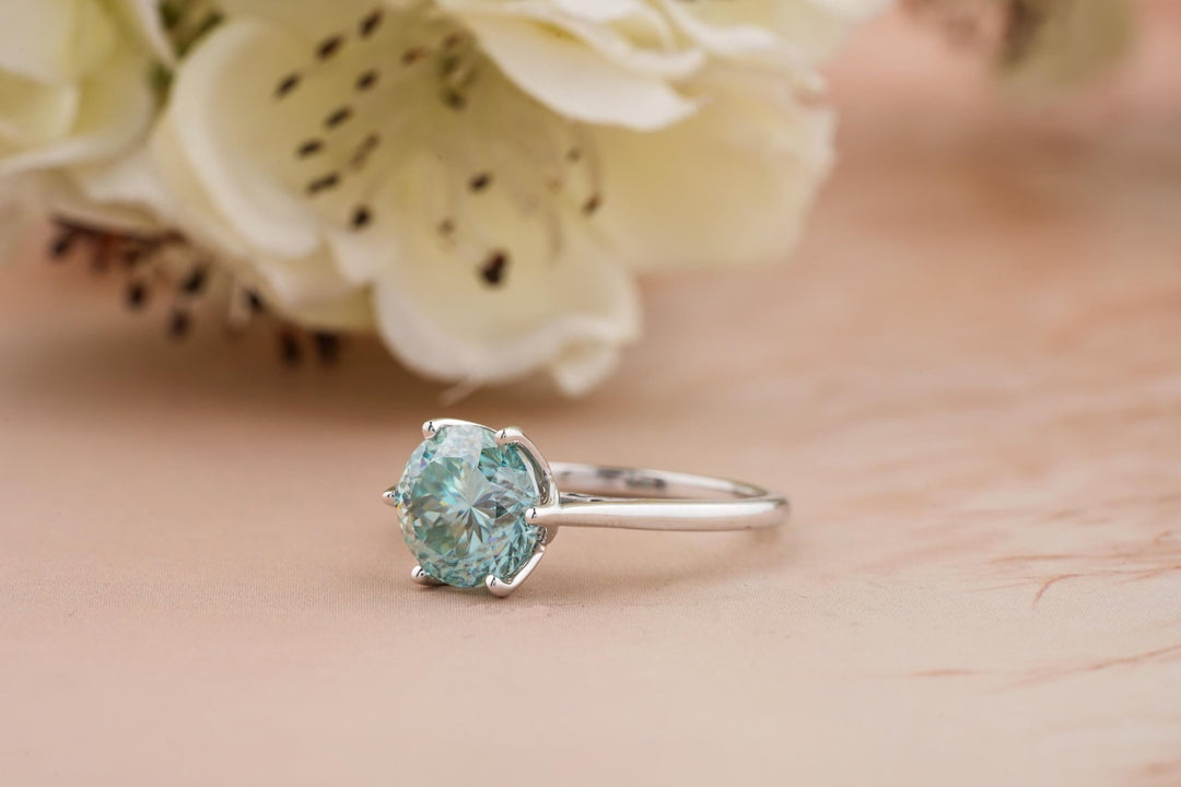 Portuguese cut solitaire engagement ring shown in real-life wear
