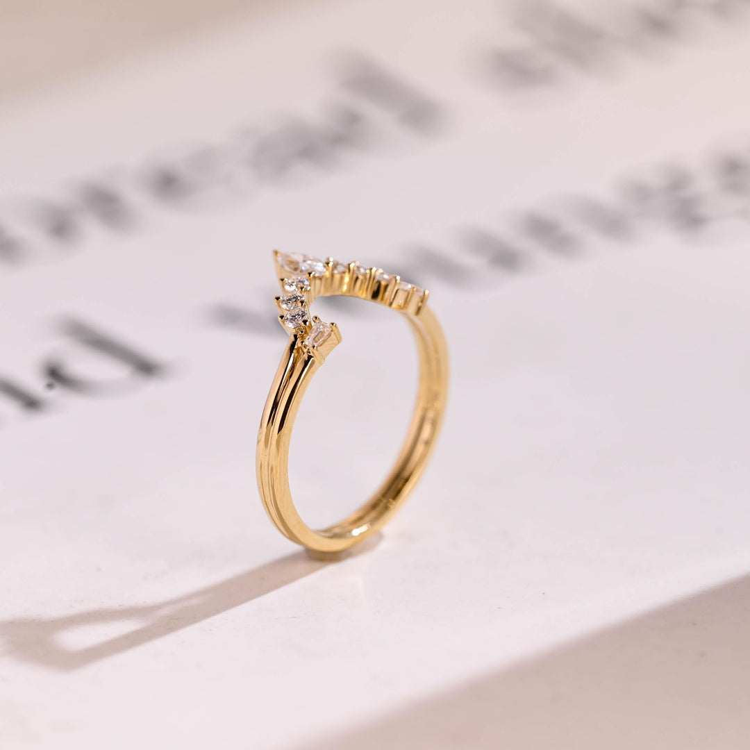 Round & Pear & Trapezoid diamond band stacked with engagement ring