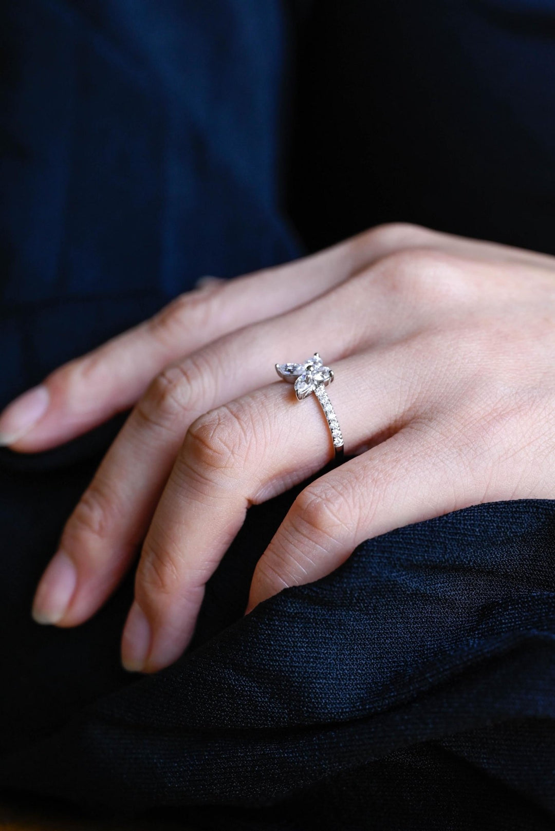 Close-up of 1.50CT pear & round lab grown diamonds